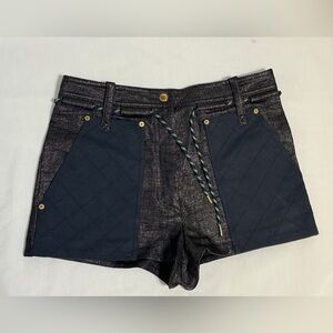 Kenzo High-Waist Geometric Patch Pocket Shorts Navy Gold Nylon Drawstring Sz 28"